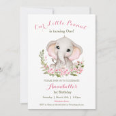 Olifant Roze Lente 1e Verjaardag Meisje Uitnodigin Kaart (Voorkant)