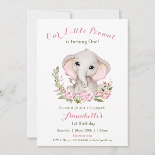 Olifant Roze Lente 1e Verjaardag Meisje Uitnodigin Kaart (Voorkant)