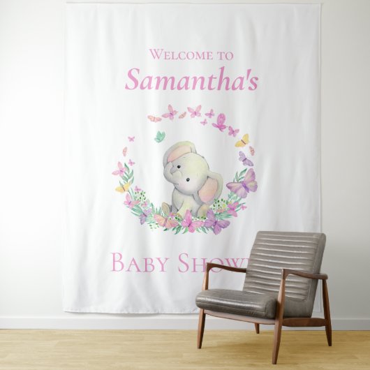 Olifant roze vlinders Baby shower achtergrond Wandkleed (In situ)