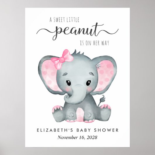Olifant Roze Waterverf Baby Meisje Douche Welkom Poster (Voorkant)
