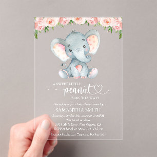Olifant, Roze Waterverf Bloemen, Baby Shower Acryl Uitnodigingen