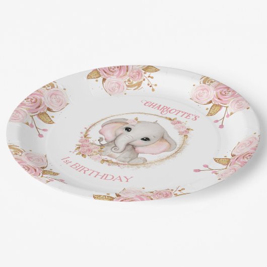 Olifant Roze Wit Bloemen Rozen 1e Verjaardag Papieren Bordje (Gekanteld)