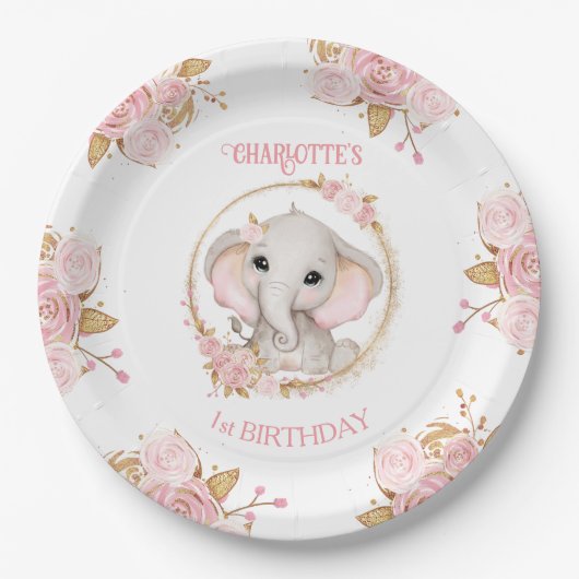 Olifant Roze Wit Bloemen Rozen 1e Verjaardag Papieren Bordje (Voorkant)