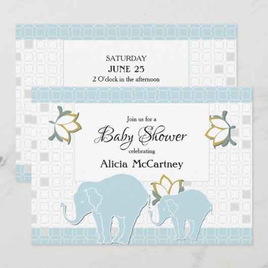 Olifant Safari Bloemen Blauw & Grijs Jongen Baby s Kaart (Voorkant / Achterkant)