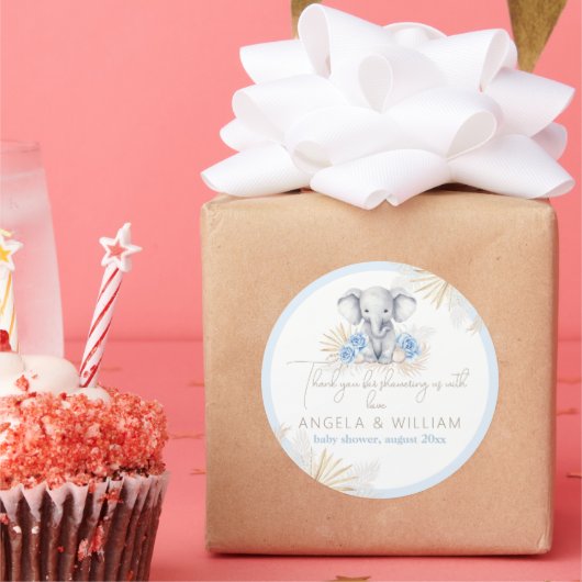 Olifant Safari Boho Blue Bedankt Baby shower Ronde Sticker (Feest)