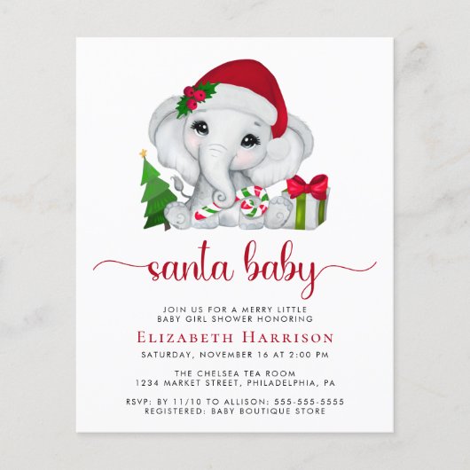 Olifant Santa Baby meisje douche uitnodiging (Voorkant)