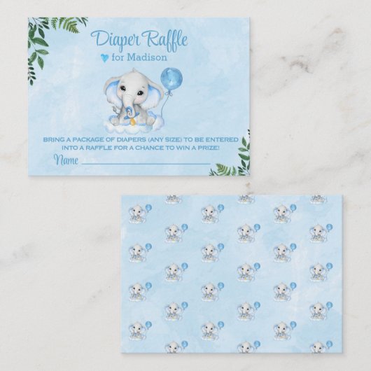 Olifant Schattige Blauw Baby shower Luier Raffle Informatiekaartje (Voorkant / Achterkant)