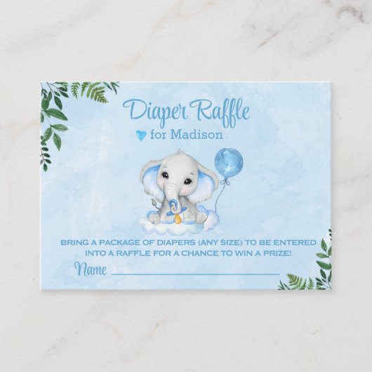 Olifant Schattige Blauw Baby shower Luier Raffle Informatiekaartje (Voorkant)