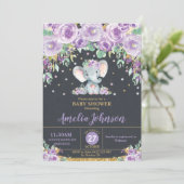 Olifant Schattige Paarse Bloemen Baby shower Baby  Kaart (Staand voorkant)