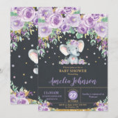 Olifant Schattige Paarse Bloemen Baby shower Baby  Kaart (Voorkant / Achterkant)