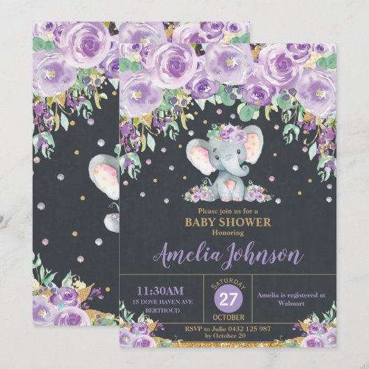Olifant Schattige Paarse Bloemen Baby shower Baby  Kaart (Voorkant / Achterkant)