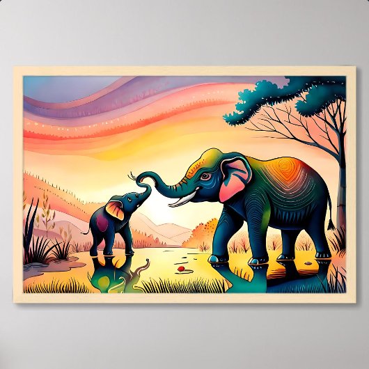 olifant schilderij india kind moeder gelukkig leve poster