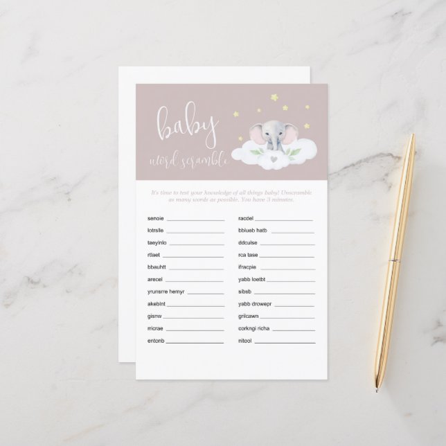 Olifant Shower Baby Word Scramble Game Roze (Voorkant / Achterkant in situ)