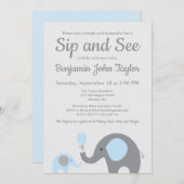 Olifant Sip en zie uitnodigingen in blauw en grijs (Voorkant / Achterkant)