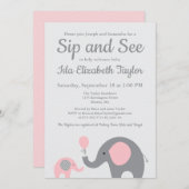 Olifant Sip en zie uitnodigingen in roze en grijs (Voorkant / Achterkant)