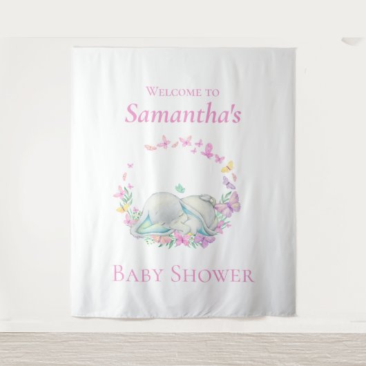 Olifant Slapen Vlinders Baby shower Achtergrond Wandkleed (Voorkant)
