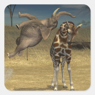 Olifant Springt Over Giraffe Vierkante Sticker
