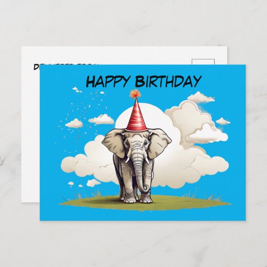 Olifant staande op een vlek van gras wolken briefkaart (Voorkant / Achterkant)