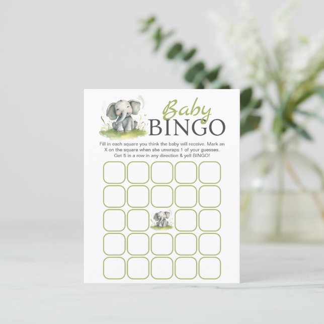 Olifant Theme Baby shower Bingo Papier Blad (Staand voorkant)
