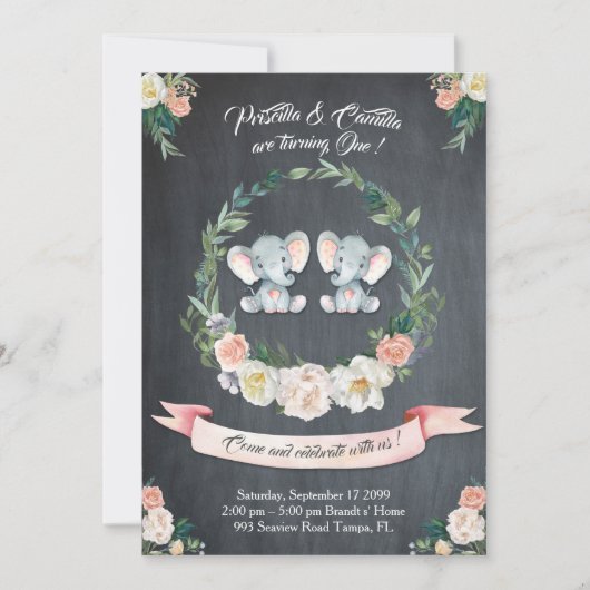 Olifant tweeling meisje-meisje Uitnodiging, Bloeme Kaart (Voorkant)