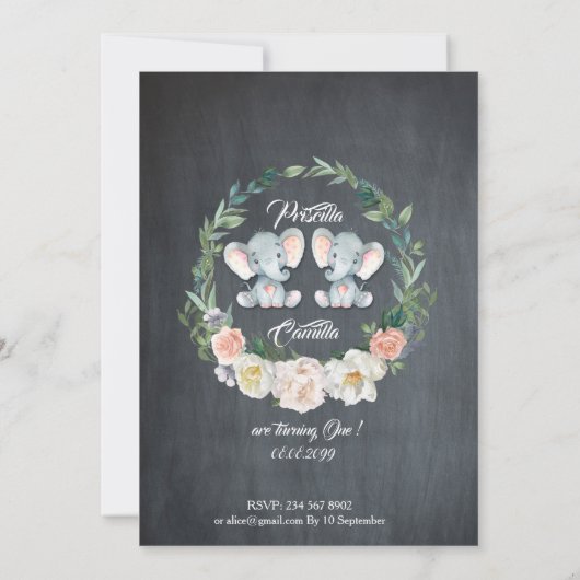 Olifant tweeling meisje-meisje Uitnodiging, Bloeme Kaart (Achterkant)