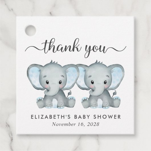 Olifant Twin Baby Boys Douche Dank u Bedankjes Labels (Voorkant)