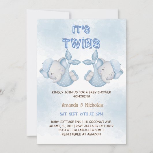 Olifant Twin Boys Dusty Blue Baby shower Kaart (Voorkant)