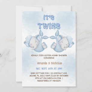 Olifant Twin Boys Dusty Blue Baby shower Kaart