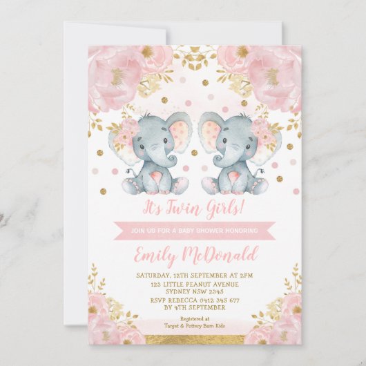 Olifant Twin Meisjes Baby shower Roze Goud Bloemen Kaart (Voorkant)