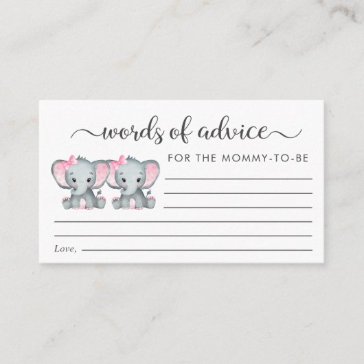 Olifant Twin Meisjes Baby shower Woorden van Advie Informatiekaartje (Voorkant)