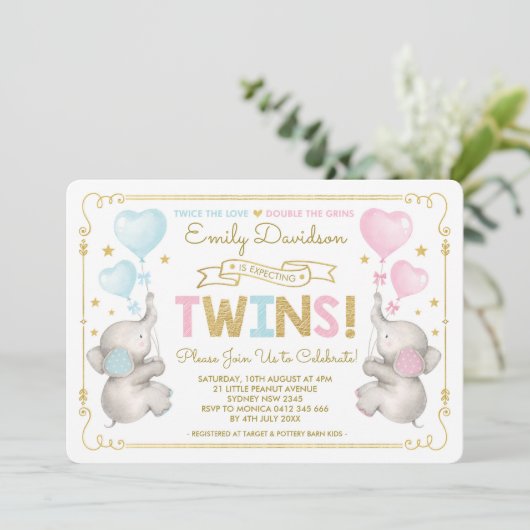 Olifant Twins Baby shower Blauw Roze Goud Jongen M Kaart (Staand voorkant)