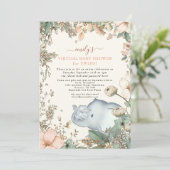 Olifant Twins Florals Coral Virtual Baby shower Kaart (Staand voorkant)