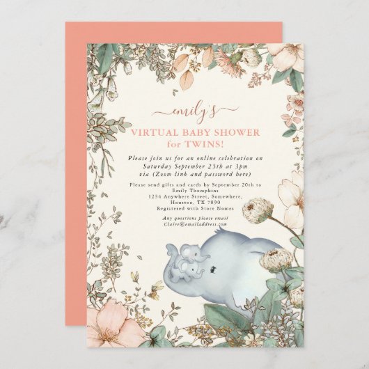 Olifant Twins Florals Coral Virtual Baby shower Kaart (Voorkant / Achterkant)