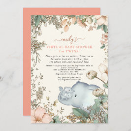 Olifant Twins Florals Coral Virtual Baby shower Kaart