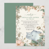 Olifant Twins Florals Sage Virtual Baby shower Kaart (Voorkant / Achterkant)
