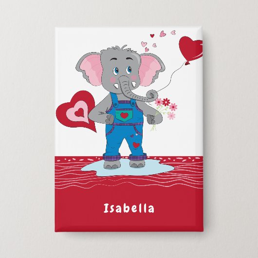 Olifant Valentijnsdag Rood en Wit Kinderen Knop Button (Voorkant)