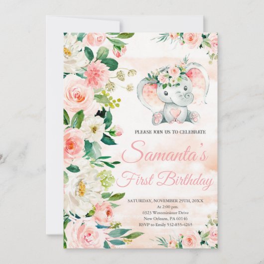 Olifant Verjaardag, Roze Bloemen, Safari Verjaarda Kaart (Voorkant)