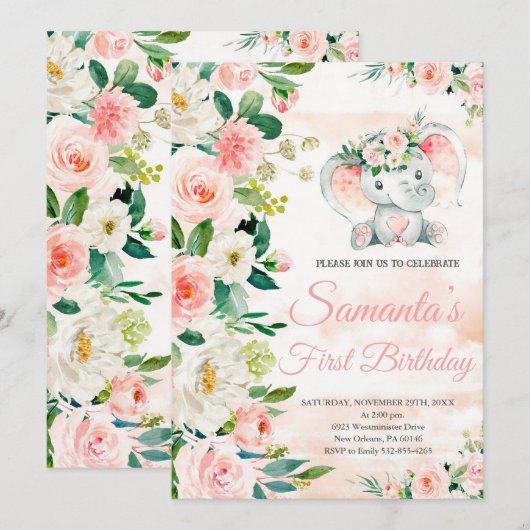 Olifant Verjaardag, Roze Bloemen, Safari Verjaarda Kaart (Voorkant / Achterkant)