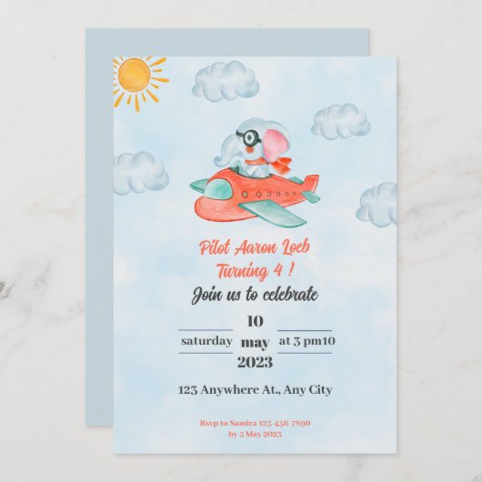 Olifant Verjaardag Uitnodiging Pilot (Voorkant / Achterkant)