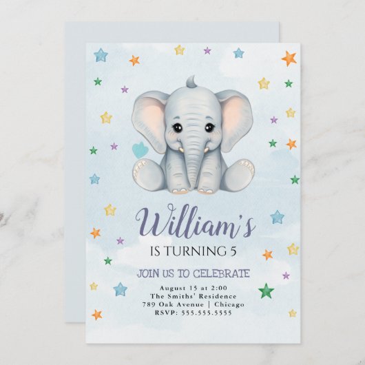 Olifant Verjaardagsfeest Uitnodiging Sjabloon (Voorkant / Achterkant)