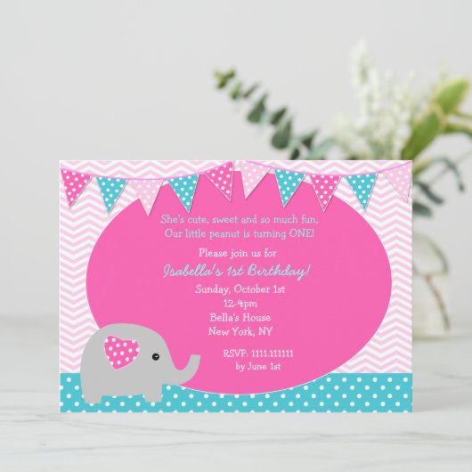 Olifant verjaardagsfeestje uitnodigingen (Staand voorkant)