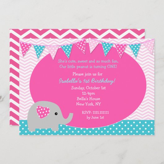 Olifant verjaardagsfeestje uitnodigingen (Voorkant / Achterkant)