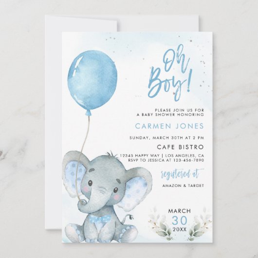 Olifant Verjaardagsuitnodiging met Blauwe Ballon Kaart (Voorkant)