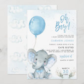 Olifant Verjaardagsuitnodiging met Blauwe Ballon Kaart (Voorkant / Achterkant)