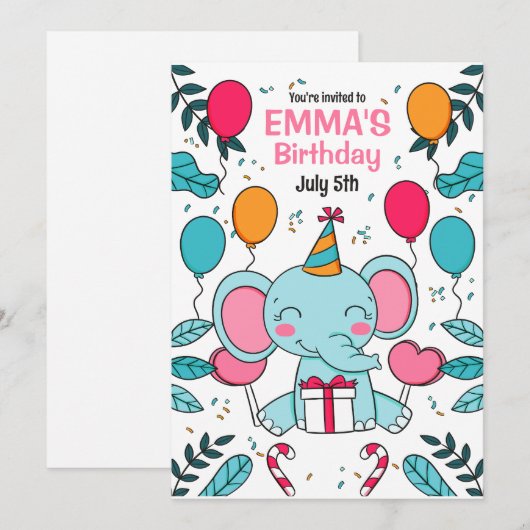 Olifant Verjaardagsuitnodiging, Oerwoud Dieren Kaart (Voorkant / Achterkant)