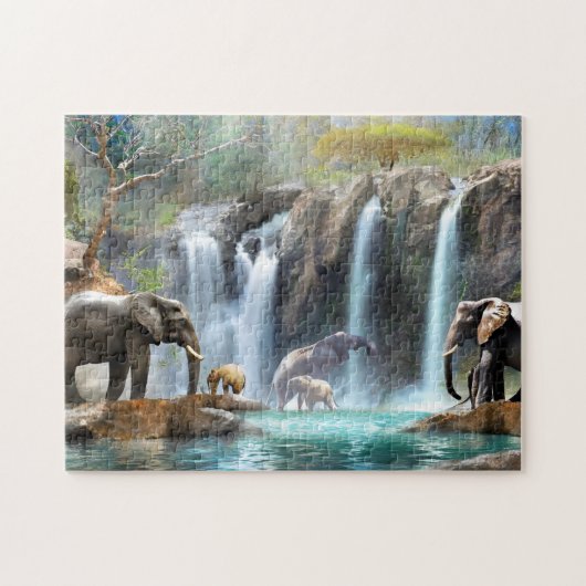 Olifant waterval 3 foto puzzels internet puzzel (Horizontaal)