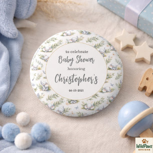 Olifant waterverf baby shower voor jongen – Blauwe Ronde Button 3,2 Cm