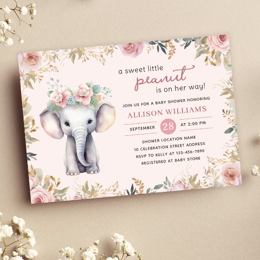 Olifant Waterverf Floral Meisje Baby shower Kaart