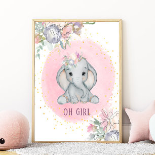 Olifant Waterverf Roze Bloemenkamer voor Baby Meis Poster