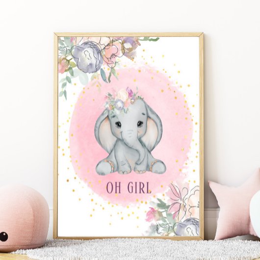 Olifant Waterverf Roze Bloemenkinderkamer voor Mei Poster
